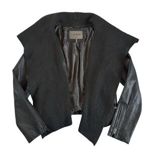 Cavalini Black Faux Leather Ribbed Knit Moto Jacket Zip Sleeves L
